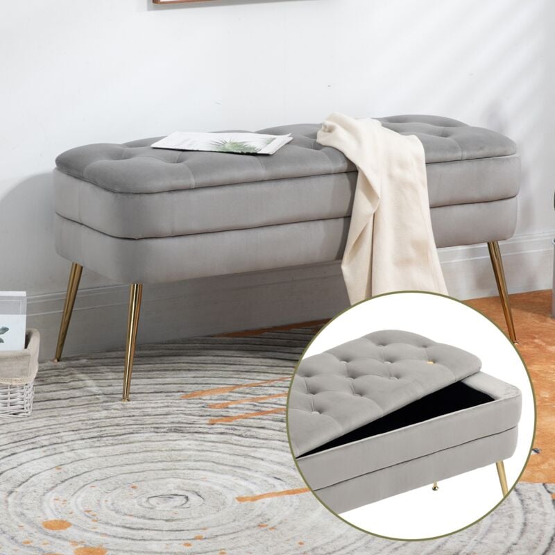 Eifson - Banc coffre 104x40x51 cm, avec coussins en velours, pieds dorés, espace de rangement, style moderne du milieu du siècle, adapté aux salons