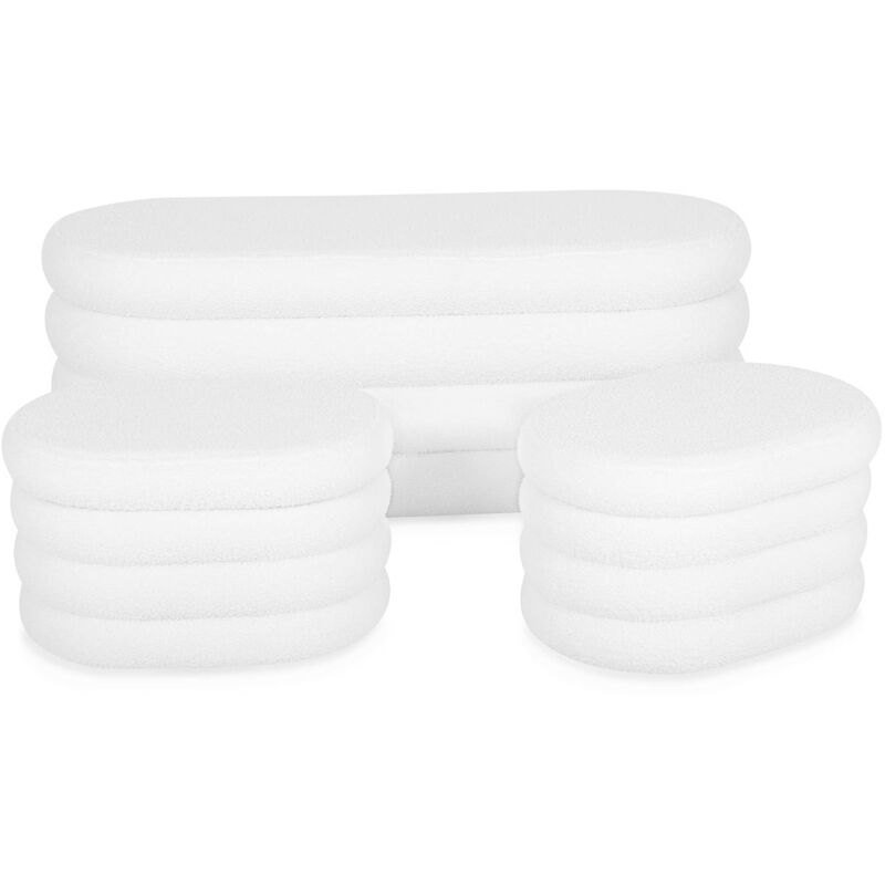 Banc coffre en bouclettes avec 2 poufs ovales de rangement en bouclettes blanches intégrés - L111cm