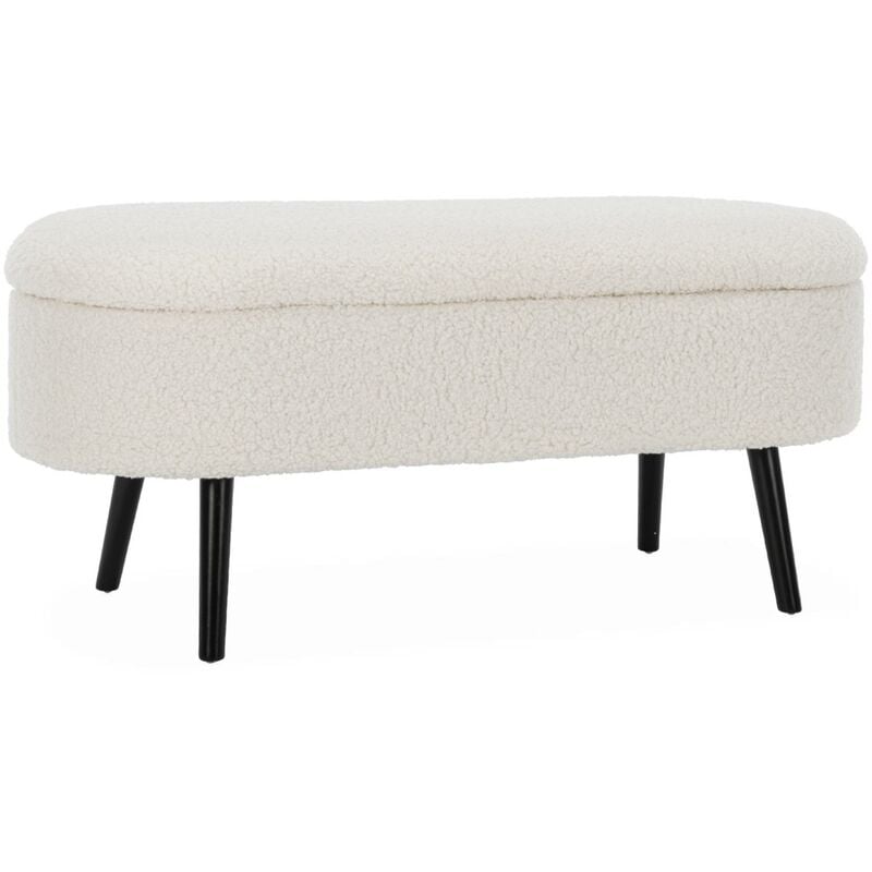 Sweeek - Banc coffre. bout de lit avec revêtement bouclette. écru. pieds en bois noir. l 112 x 44 x 50cm