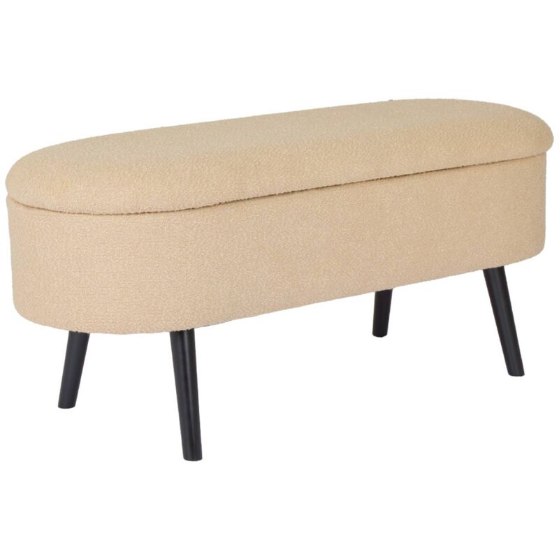 Banc coffre, bout de lit avec revêtement bouclette texturée, beige, pieds en bois noir, l 112 x 44 x 50cm