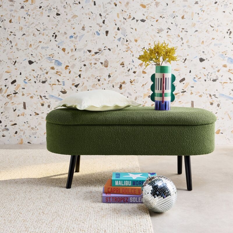 Banc coffre, bout de lit avec revêtement bouclette texturée, kaki, pieds en bois noir, l 112 x 44 x 50cm