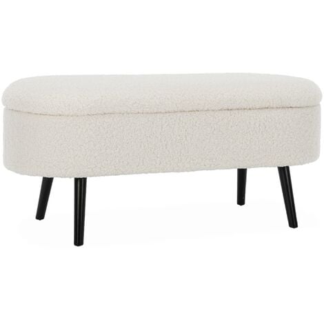 Banc coffre. bout de lit avec revêtement bouclette. écru. pieds en bois noir. L 112 x 44 x 50cm