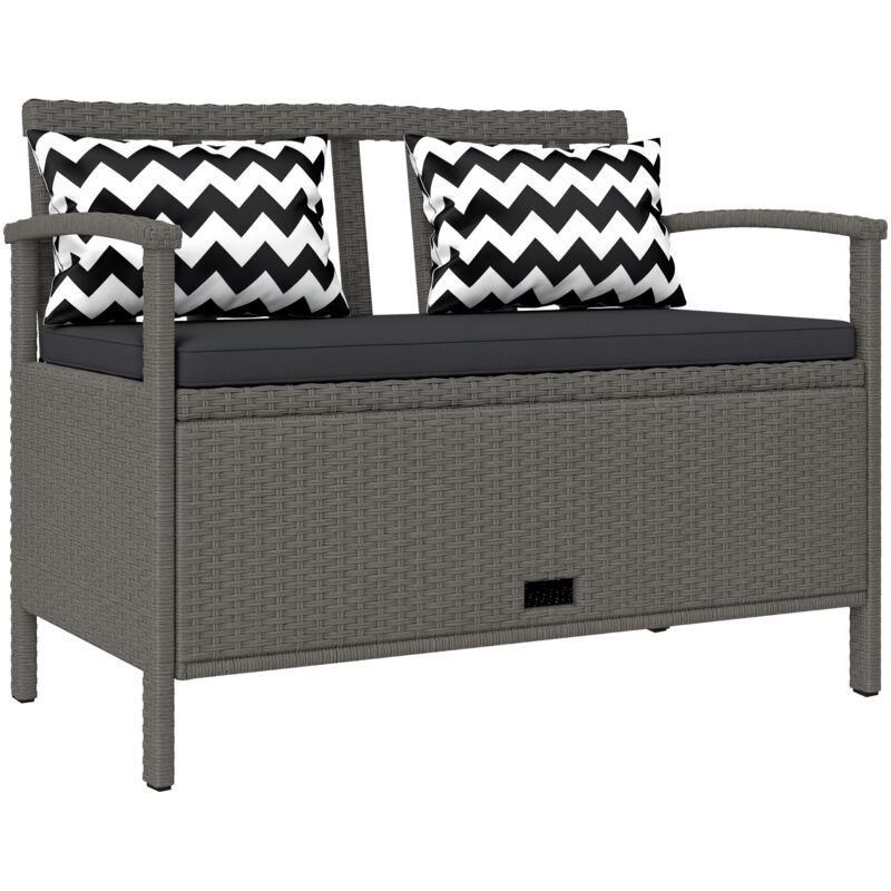 Outsunny - Banc coffre de jardin 2 places - rangement 160L - matelas, 2 coussins - résine tressée effet rotin gris