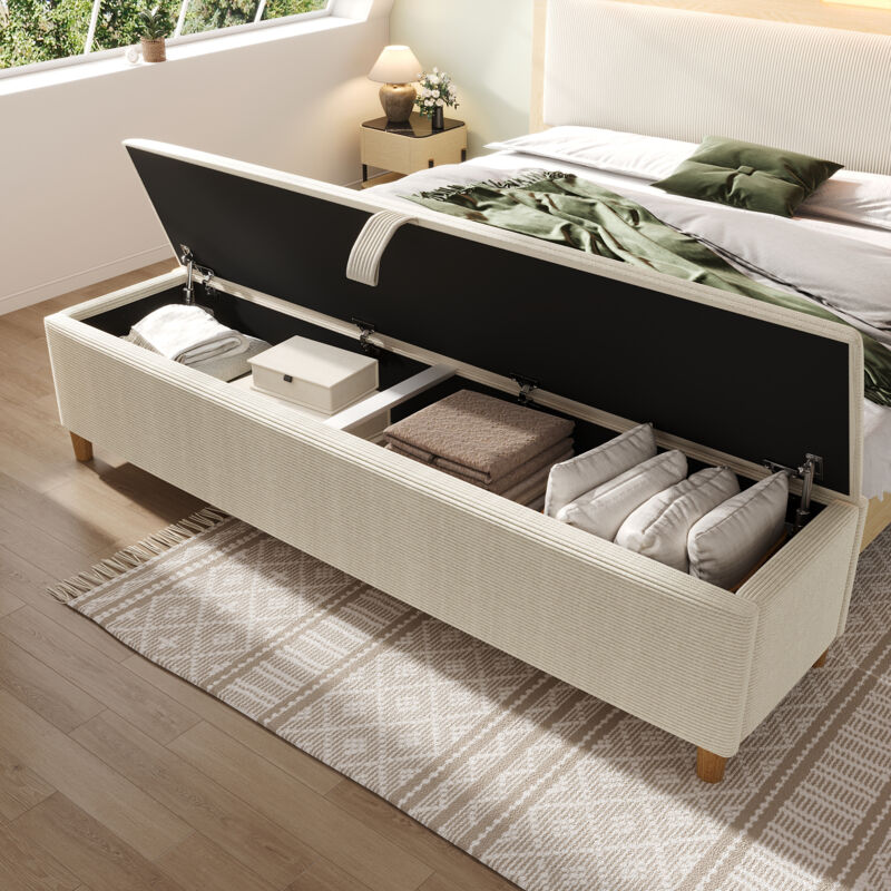 Banc Coffre de Lit avec Rangement Hydraulique et Assise Capitonnée, Pieds en Bois, en Velours Côtelé, 145 × 38 × 46 cm, Beige