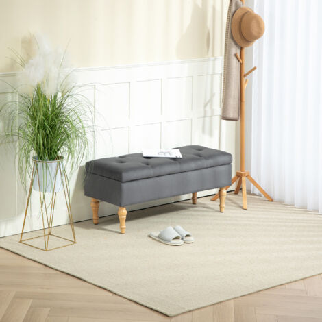Banc coffre de rangement 2 en 1 banquette en velours avec couvercle à charnière capitonné et pieds en bois. gris foncé
