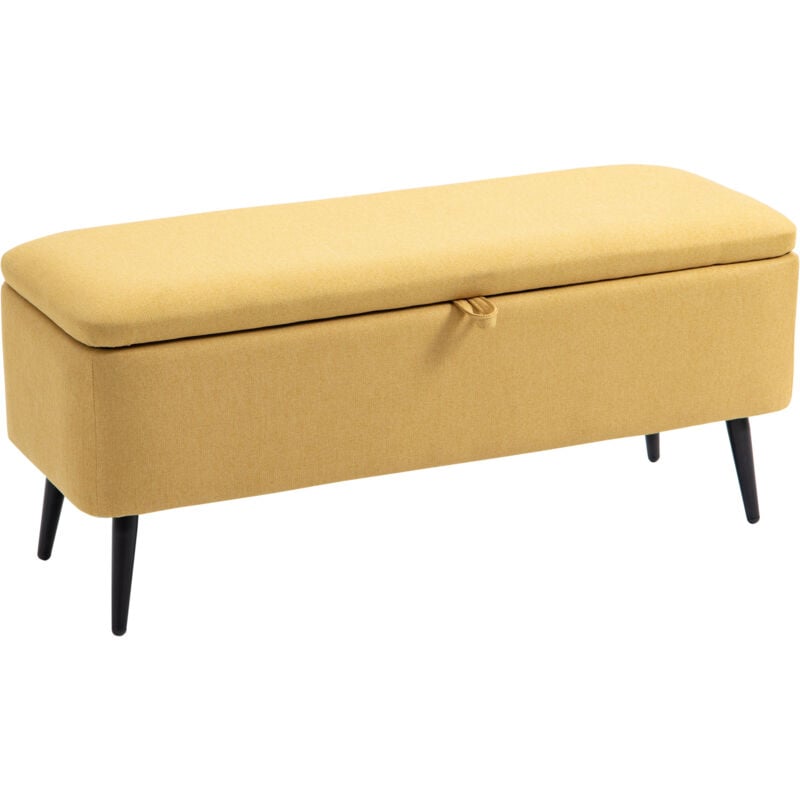 Banc coffre de rangement 2 en 1 dim. 102L x 40l x 39H cm piètement acier noir tissu jaune moutarde