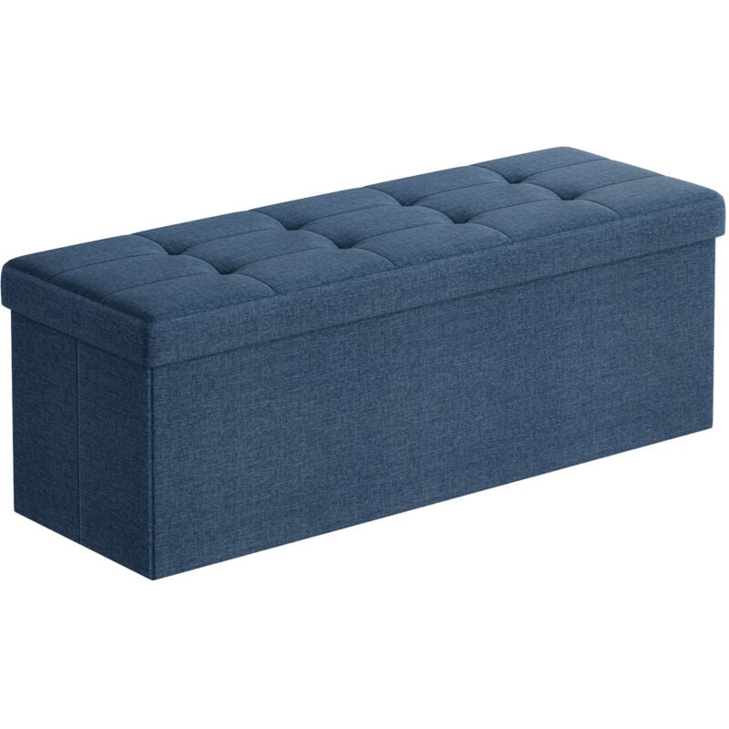 Songmics - Banc de Rangement, 110 x 38 x 38 cm, Siège, Coffre de Rangement, Pliable, Capacité de Charge 300 kg, 120 l, Imitation Lin, Bleu Foncé