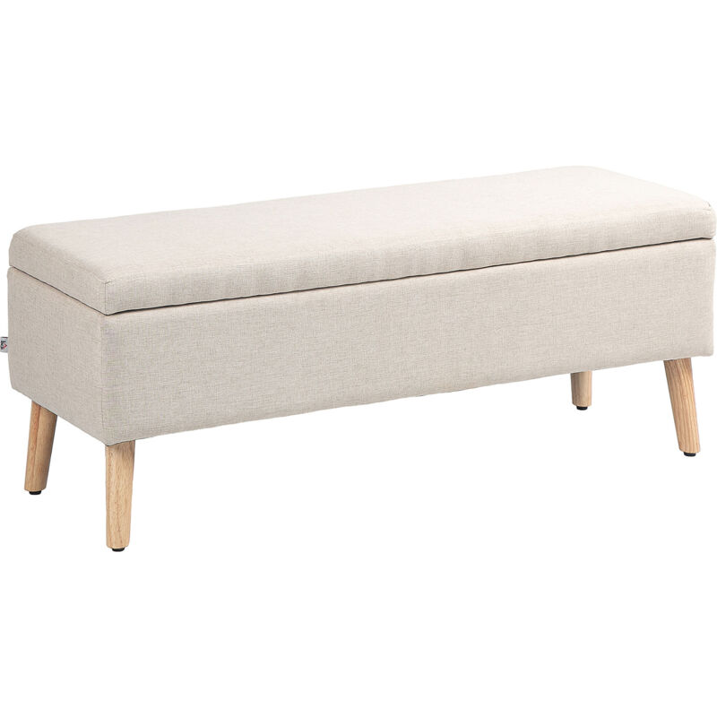 Banc coffre de rangement style scandinave piètement éffilé incliné bois hévéa tissu beige
