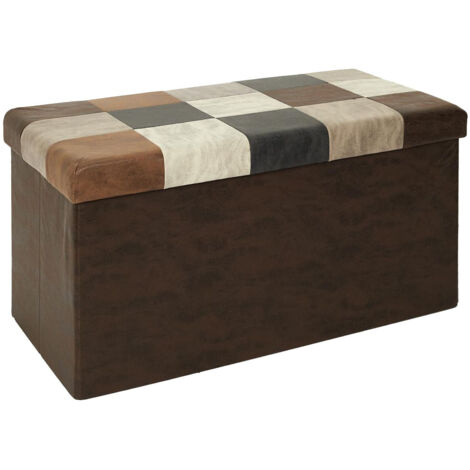 Banc Coffre Pliable Motif Patchwork Aspect Vieux Cuir