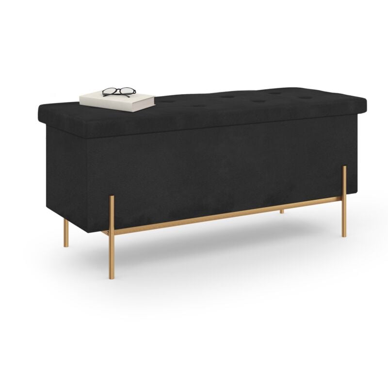 Banc coffre rangement louis avec pieds métal doré 100 cm velours noir