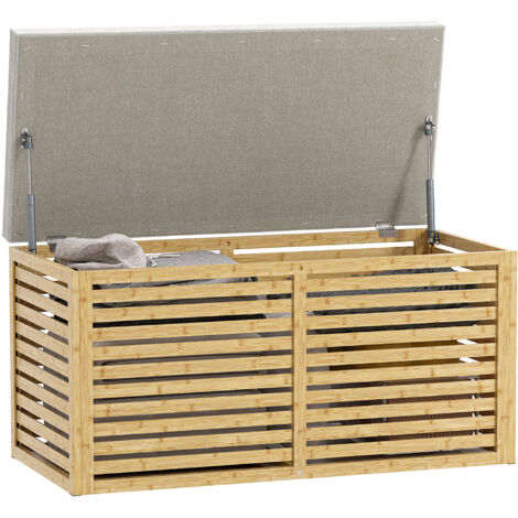 Banc coffre rangement rembourré tissu aspect lin, couvercle bambou, structure naturelle, gris, idéal salon entrée chambre, rangement polyvalent.