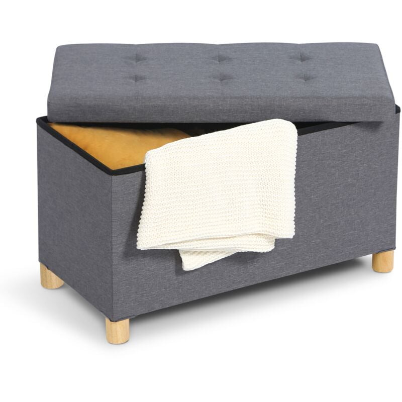 Banc coffre rangement sur pied 76 cm tissu gris anthracite