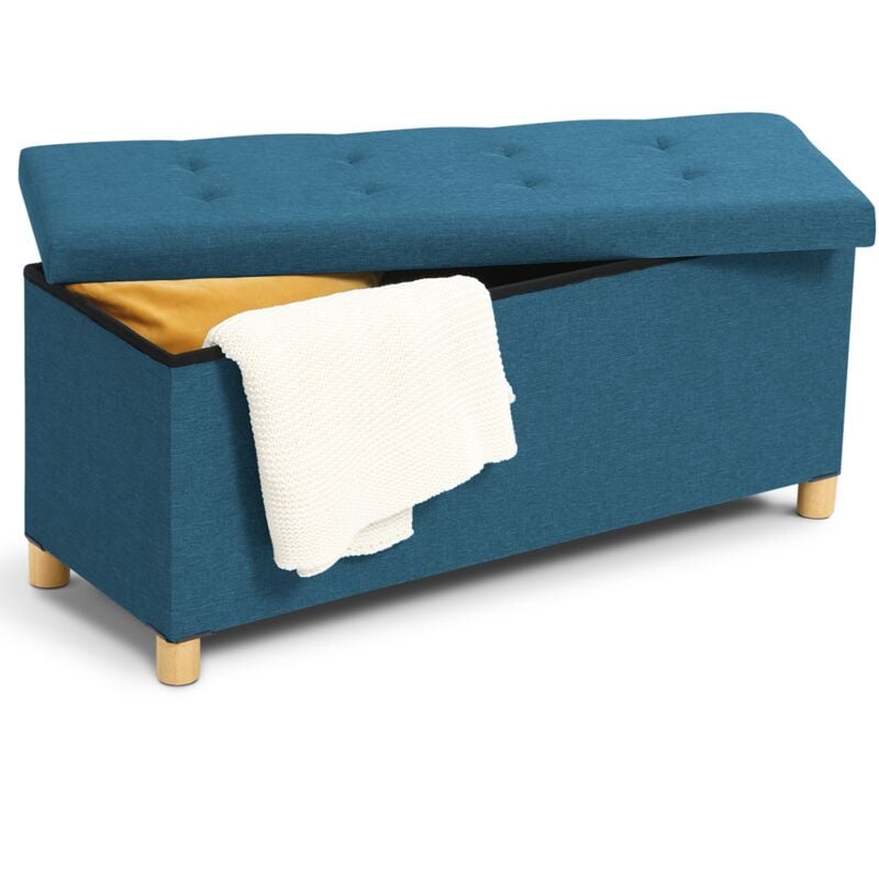 Banc coffre rangement sur pied 100 cm tissu bleu canard