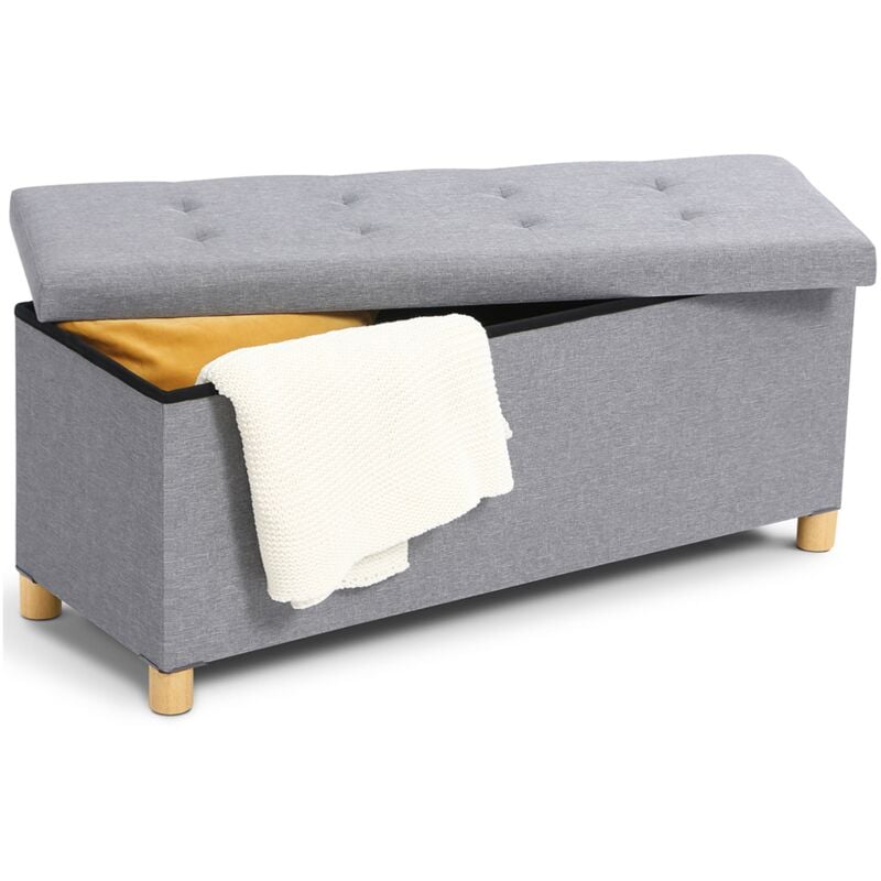 Banc coffre rangement sur pied 100 cm tissu gris clair