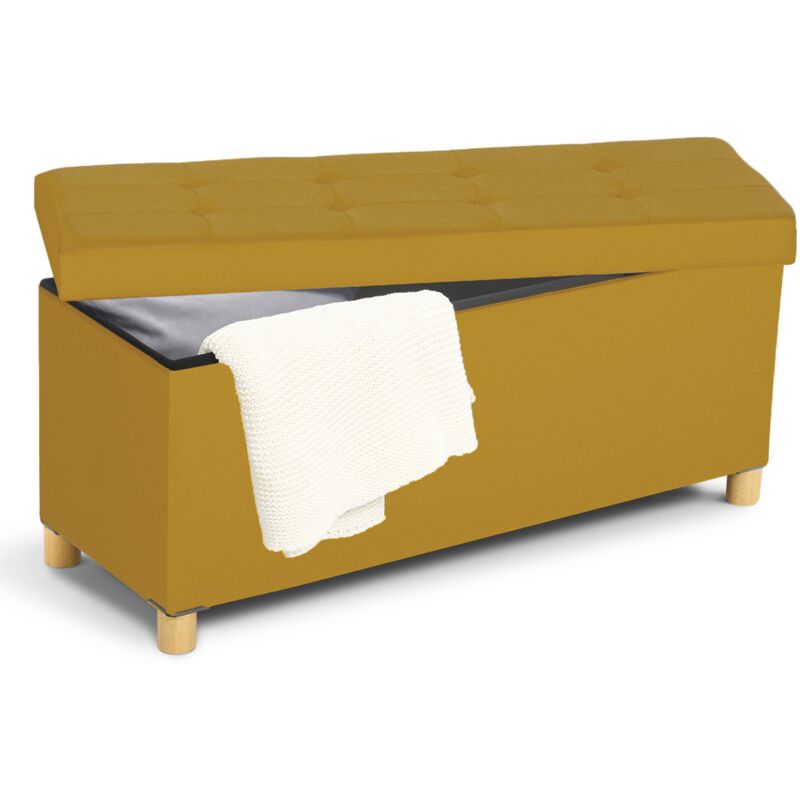 Banc coffre rangement sur pied 100 cm tissu jaune moutarde