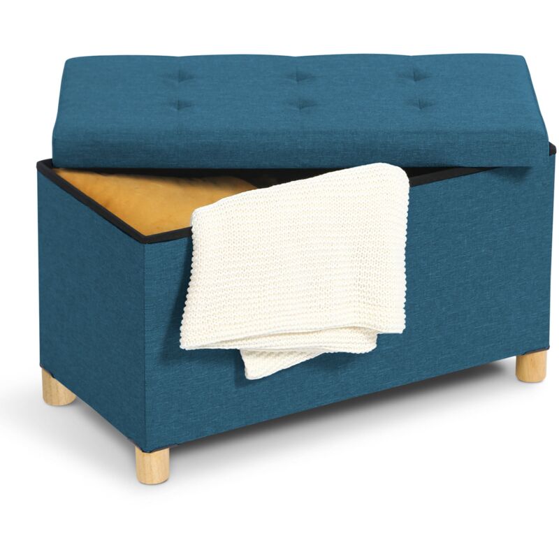 Banc coffre rangement sur pieds 76 cm tissu bleu canard