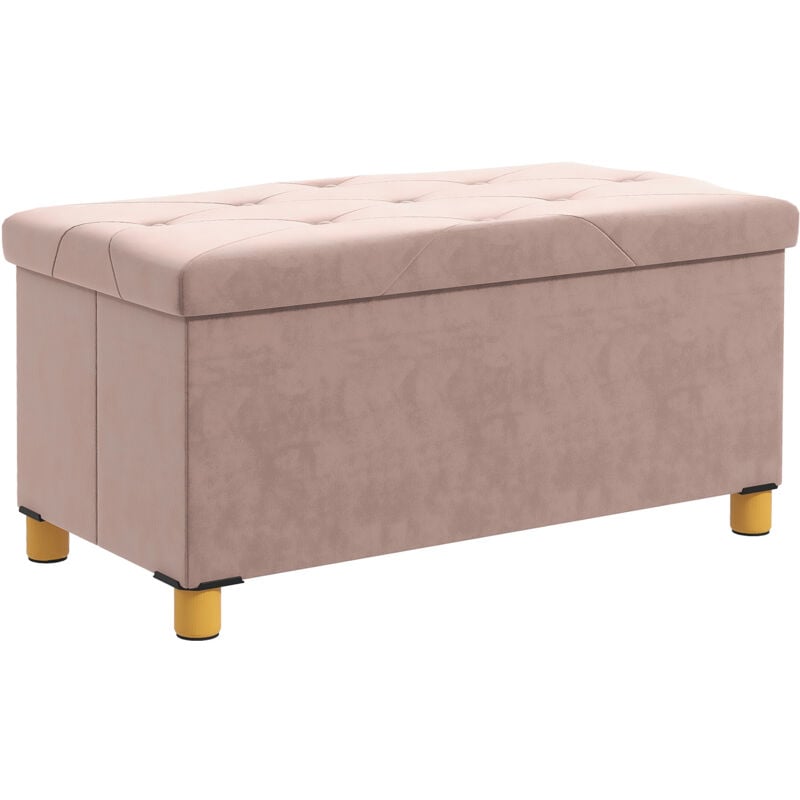Banc coffre style Chesterfield effet capitonné dim. 76L x 38l x 38H cm piètement bois velours vieux rose