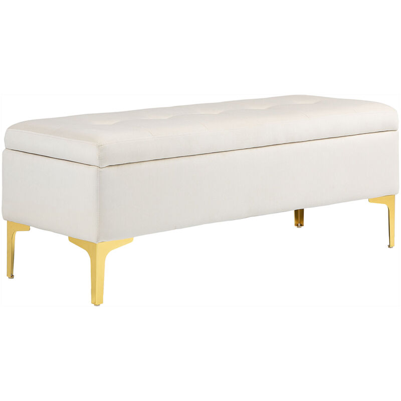 Banc Coffre Velours Polyester Pieds Métal Pour Salon Et Chambre, 120x44x44,5 Cm, Beige