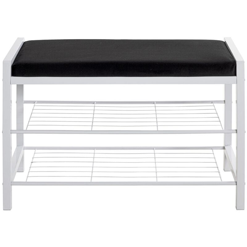 Pegane - Banc d'assise en métal coloris blanc et velours coloris noir -longueur 75 x profondeur 32 x hauteur 50 cm