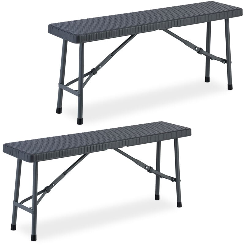 Relaxdays - Banc pliable, lot de 2, pour jardin, terrasse et camping, hlp : 42x102x25 cm, aspect rotin, plastique, gris
