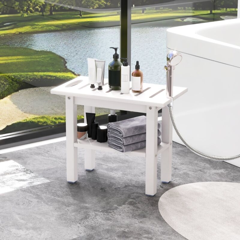 Banc de Douche pour Douche Intérieure Tabouret de Bain en HDPE Étanche avec Support de Douche Poignée Étagère de Rangement 150 kg Blanc