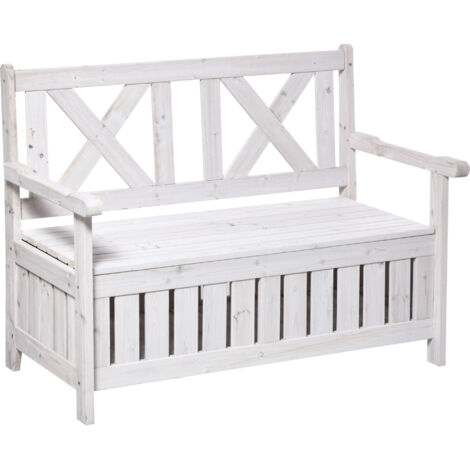 Banc de jardin 2 places avec rangement, en bois de sapin, 115 x 61 x 85 cm, dossier haut et accoudoirs, résistant aux intempéries, pour jardin, balcon, cour