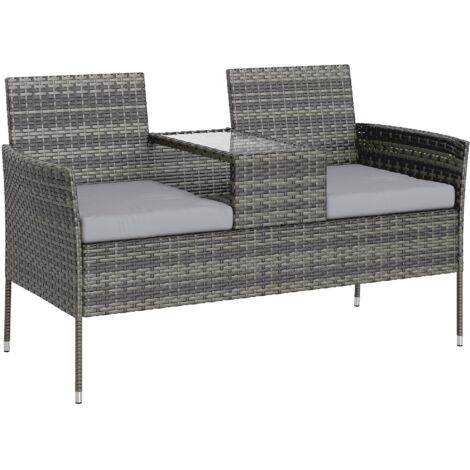 Banc de jardin 2 places avec table basse en acier et rotin PE gris 137x59x82 cm
