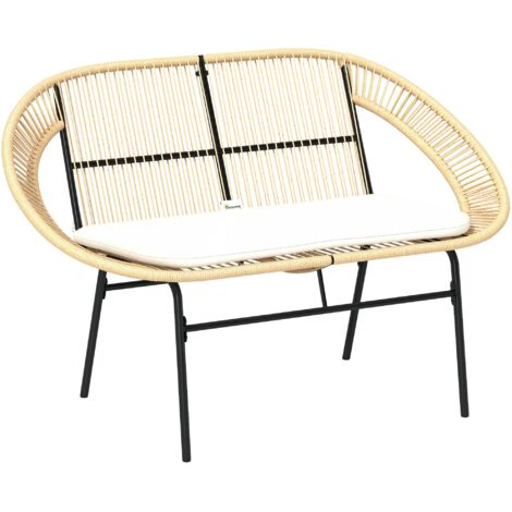 Banc de jardin 2 places, banc extérieur jardin en acier, style Acapulco, avec dossier et coussin, 126 x 72 x 83 cm, kaki