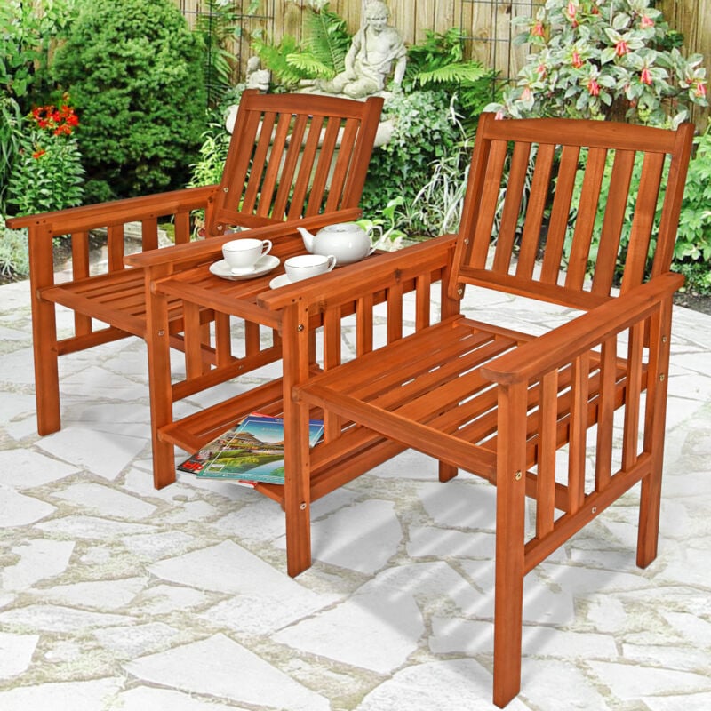 Banc de jardin 2 places bois d'acacia extérieur avec table support et accoudoirs fauteuil jardin balcon