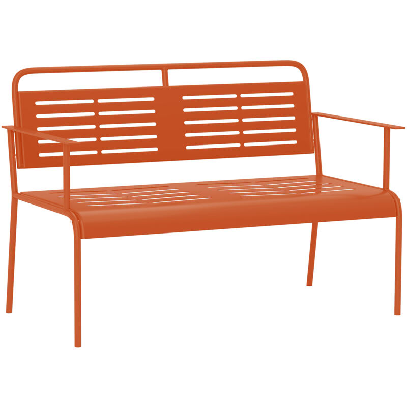 Banc de jardin 2 places design rétro acier assise dossier ajourés dim. 121 x 64 x 84 cm terre battue