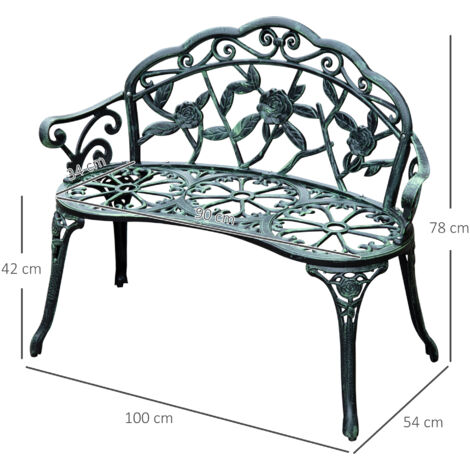 Banc de jardin 2 places en métal, style rétro, motif floral, idéal pour balcon, terrasse ou jardin. Charge maximale : 240 kg. Dimensions : 100 x 54 x 78 cm. Couleur : vert antique.
