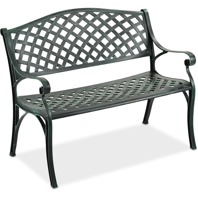 Banc de jardin Relaxdays, 2 places, H x L x P : 82 x 102 x 60 cm, aluminium, banc vintage, terrasse, balcon, noir/vert