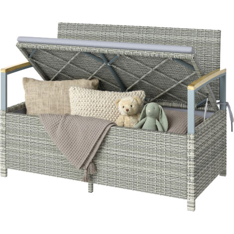 Banc de Jardin 2 Places Résine Tressée avec Coffre 170L et Coussin Déhoussable Gris 120x60x84cm