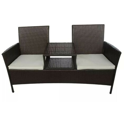 Banc de jardin 2 places résine tressée marron et coussins blanc Kim