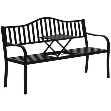 Banc de jardin 2 places, robuste, avec table extensible, charge maximale 240 kg, dossier et accoudoirs, idéal pour terrasse et jardin, dimensions : 150 x 58,5 x 90 cm, noir.