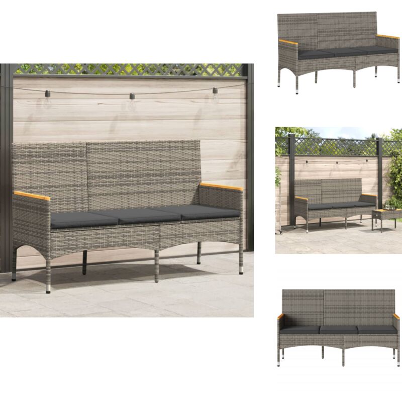Banc de jardin 3 places avec coussins gris résine tressée - Banc De Jardin - Banc Extérieur - Mobilier De Jardin - Chaise Longue - Salon De Jardin