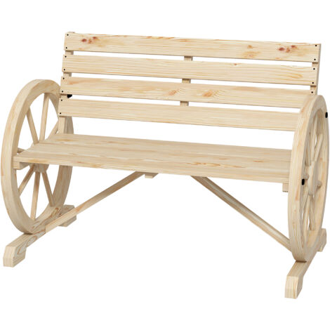 Banc de jardin 3 places en bois sapin effet naturel, style rustique chic avec accoudoirs et roues de charrette