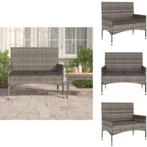 Banc de Jardin à 2 Places avec Coussins Gris Résine Tressée - Banc De Jardin - Mobilier De Jardin - Chaise Extérieure - Résine Tressée - Acier