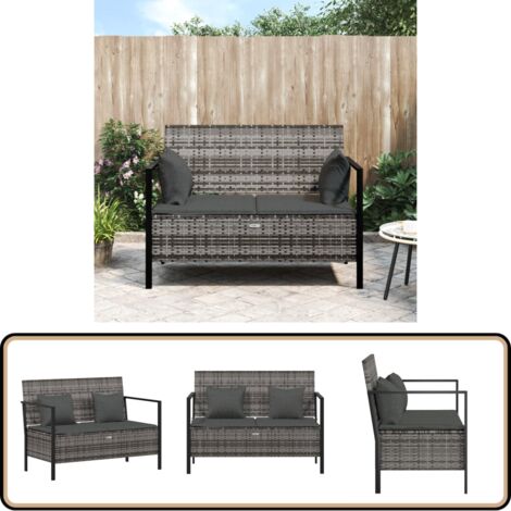Banc de Jardin à 2 Places avec Coussins Gris Résine Tressée - Banc De Jardin - Mobilier De Jardin - Siège De Jardin - Banc De Rangement - Chaise Extérieure