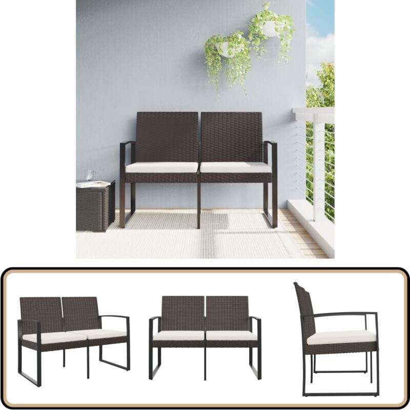 Banc de jardin à 2 places avec coussins marron pp rotin - Banc De Jardin - Meuble De Jardin - Siège De Jardin - Banc Deux Places - Mobilier De Jardin