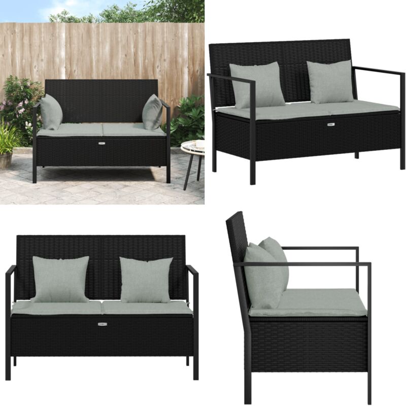 Banc de Jardin à 2 Places avec Coussins Noir Résine Tressée - Banc De Jardin - Mobilier De Jardin - Chaise Extérieure - Meubles De Jardin - Banc De