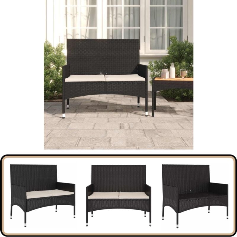 Banc de Jardin à 2 Places avec Coussins Noir Résine Tressée - Banc De Jardin - Mobilier De Jardin - Chaise Extérieure - Assise Confortable - Design