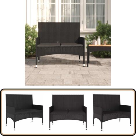 Banc de Jardin à 2 Places avec Coussins Noir Résine Tressée - Banc De Jardin - Mobilier De Jardin - Chaise Extérieure - Assise Confortable - Design Moderne