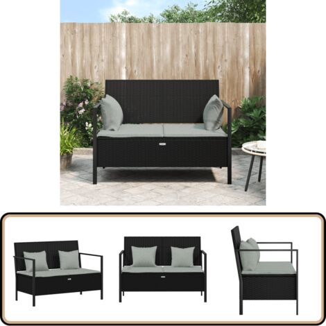 Banc de Jardin à 2 Places avec Coussins Noir Résine Tressée - Banc De Jardin - Mobilier De Jardin - Chaise Extérieure - Meubles De Jardin - Banc De Rangement