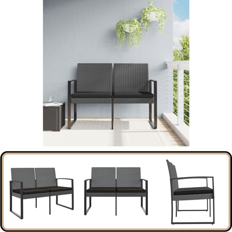 Banc de jardin à 2 places et coussins gris foncé pp rotin - Banc De Jardin - Meuble De Jardin - Siège De Jardin - Banc Deux Places - Mobilier De