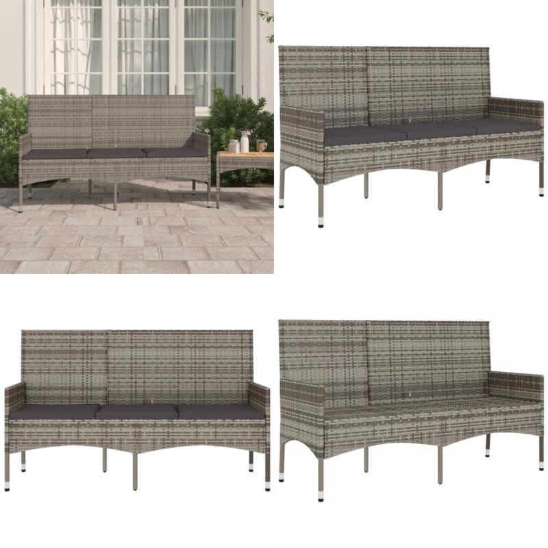 Banc de jardin à 3 places avec coussins Gris Résine tressée - Banc De Jardin - Mobilier De Jardin - Chaise Extérieure - Assise Confortable - Résine