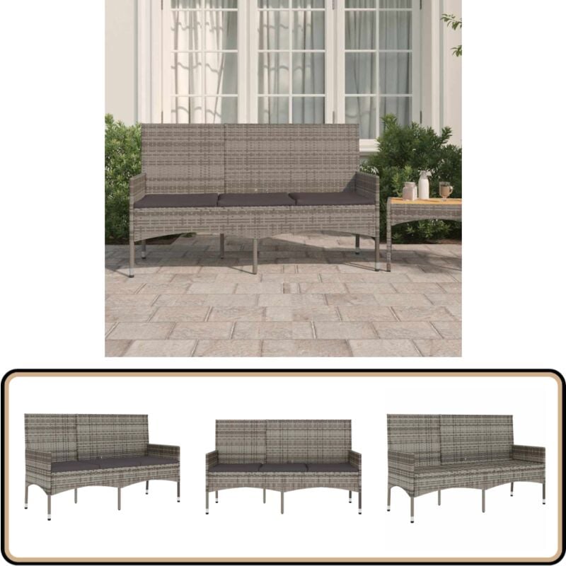 Banc de jardin à 3 places avec coussins Gris Résine tressée - Banc De Jardin - Mobilier De Jardin - Chaise Extérieure - Assise Confortable - Résine