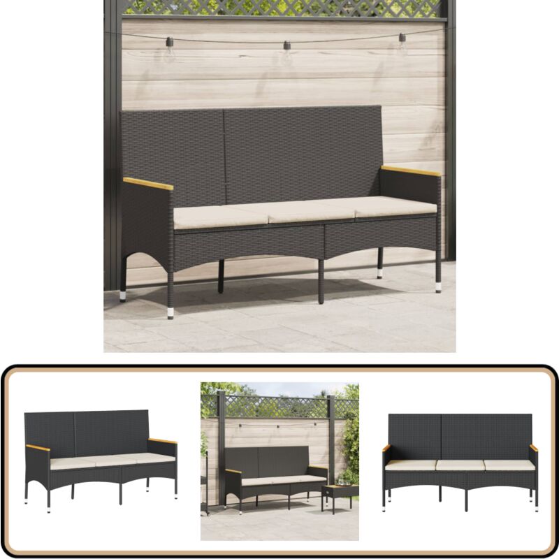 Banc de jardin à 3 places avec coussins noir résine tressée - Banc De Jardin - Banc Extérieur - Mobilier De Jardin - Résine Tressée - Chaise Longue