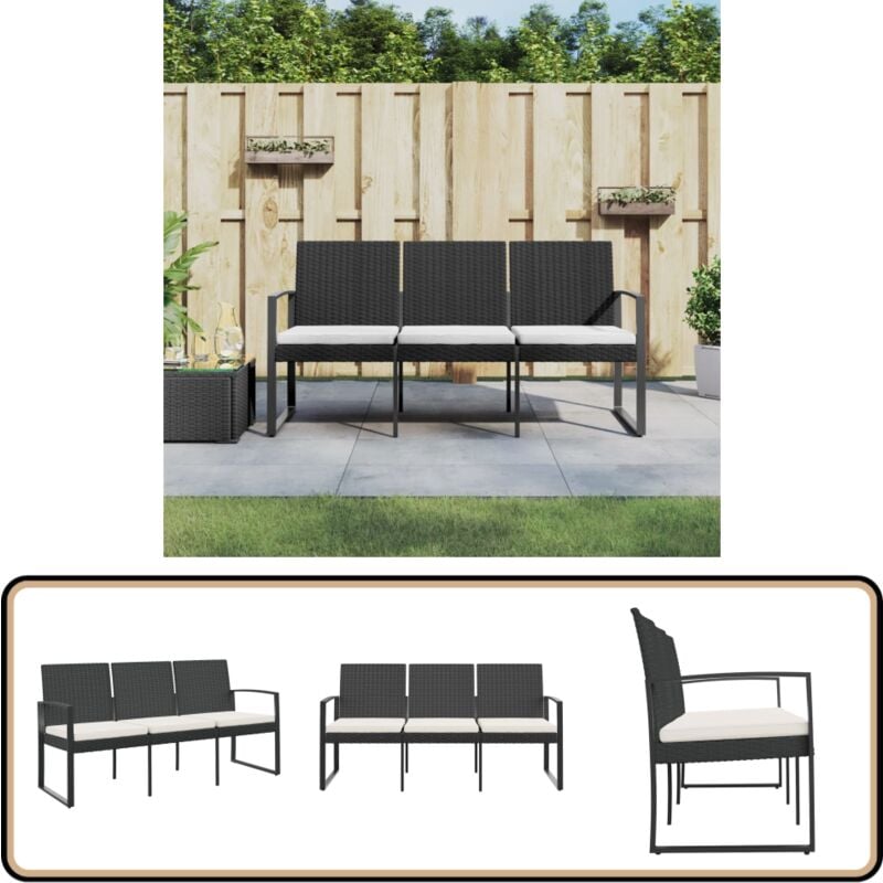 Vidaxl - Banc de jardin à 3 places avec coussins noir rotin pp - Banc De Jardin - Meuble De Jardin - Siège De Jardin - Banc Trois Places - Mobilier