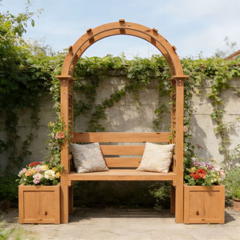 Banc de Jardin avec Arche et Jardinières Intégrées - Bois de Sapin, Marron - Support pour Plantes Grimpantes pour Terrasse et Cour